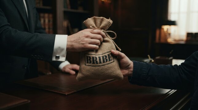 Dark office scene of a bribe money bag exchanged between business professionals, ideal for corporate ethics posters, fraud awareness, and legal campaigns.