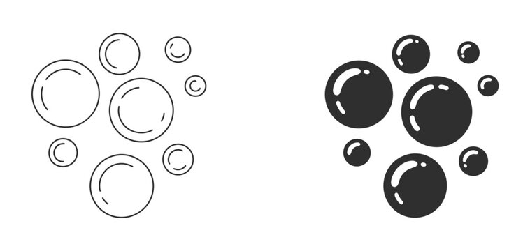 Soap bubbles icon set in outline and solid styles, vector illustration for cleaning, hygiene, beauty, and household product designs.