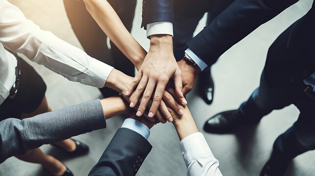 A diverse team of business professionals stacking their hands together in a circle to represent collaboration and unity