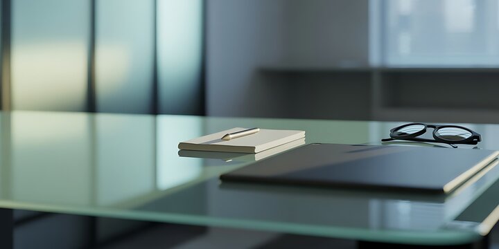 A glass office desk featuring a notebook, a pen, and a pair of eyeglasses in a bright, sunlit corporate workspace area