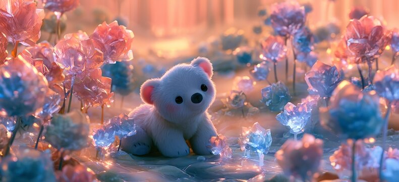 Chibi polar bear finding hidden valley of glowing frozen crystal flowers, peach sunset, shimmering mist, ethereal romantic adventure
