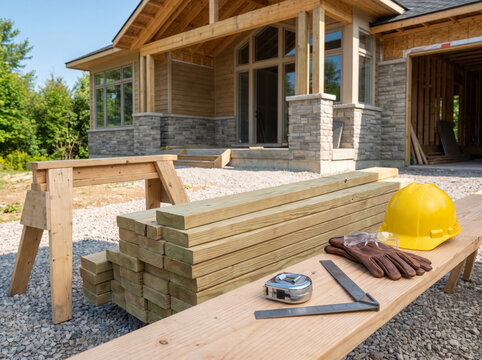 Hard hat, gloves, and masonry supplies ready for home construction or renovation work in bright daylight.