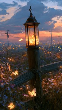 Sunset wildflower meadow reaches into distance from glass lantern on wooden post, glowing butterflies drifting, romantic mood