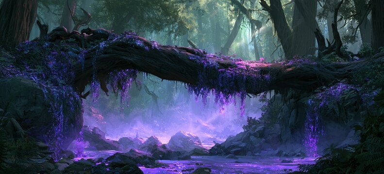 Forest canopy light pours over twisted wooden bridge crossing misty purple gorge, ivy crystals glinting on craggy rocks canyon bed