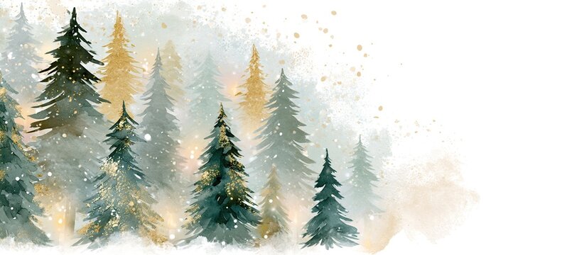 Watercolor Christmas tree cluster in gold leaf, snowflakes drifting, bright white negative space on right, warm candlelight holiday mood