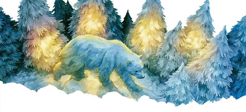 Enchanted watercolor polar bear cub walking through grove of glowing Christmas trees, warm yellow light on fur, top-down negative space composition