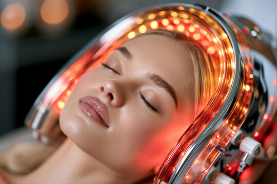 Serene woman resting with eyes closed during photobiomodulation LED facial therapy. Hardware cosmetology, dermatology and spa treatment concept. Close-up portrait for commercial poster