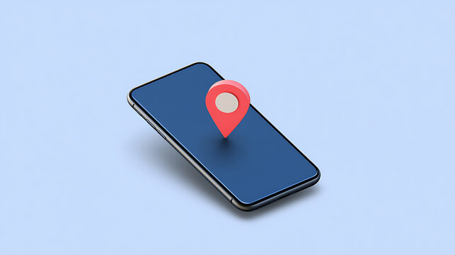 3D smartphone display with red map pin icon on light blue background, concept of location tracking, GPS navigation, and mobile map service