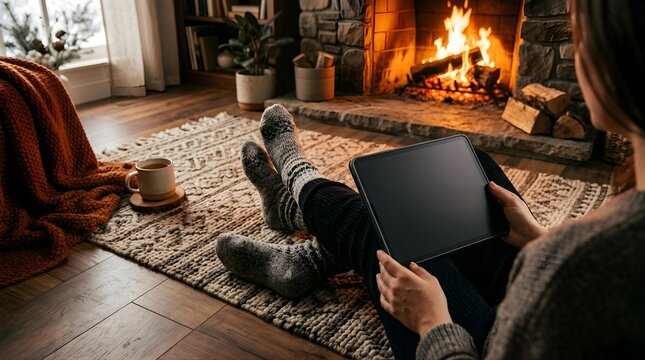 Woman using tablet computer relaxing by a cozy fireplace at home
