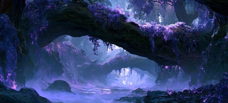 Glowing purple mist fills ravine beneath curved wooden bridge, crystal ivy clings to stone, light spills down through forest canopy