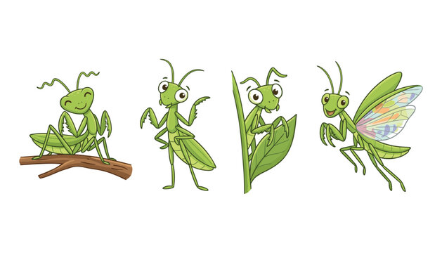 Cute Green Praying Mantis Character Collection with Different Poses, Cartoon Insect Illustrations for Children, Education, and Nature Designs