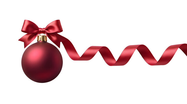 Dark red christmas ornament ball with a festive curly silk ribbon bow for winter holiday decoration