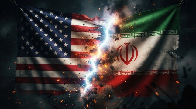 Dynamic digital explosion graphic featuring US and Iranian flags clash ideal for political news banners, protest posters, or social media alerts.