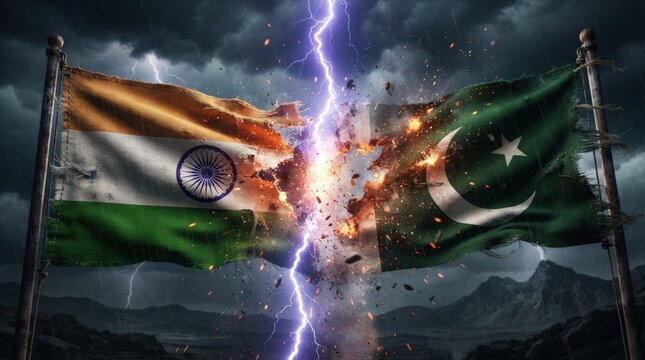 Dramatic stock photo of India and Pakistan flags clashing with explosive energy, lightning, and fire effects ideal for political conflict, news banners, or protest posters.