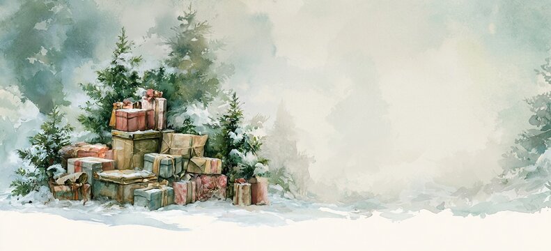 Snowy fir clearing cradles stack of old-fashioned wrapped presents, soft watercolor wash, nostalgic cheer, generous open side area