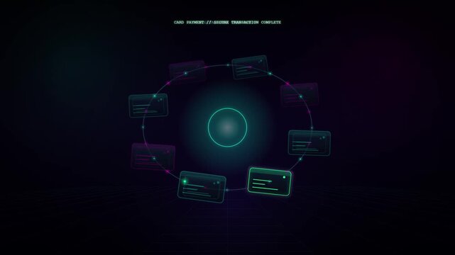 Digital Secure Transaction Processing with Orbiting Data Cards and Network Connections Completing a Payment on a Futuristic Blockchain Interface