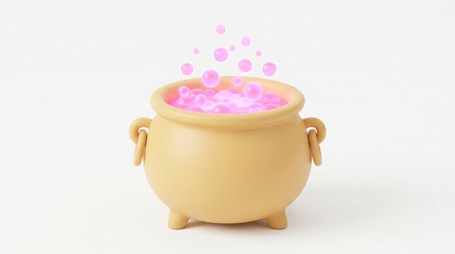 3d render of a cute cartoon cauldron with glowing pink magical bubbles isolated on white background