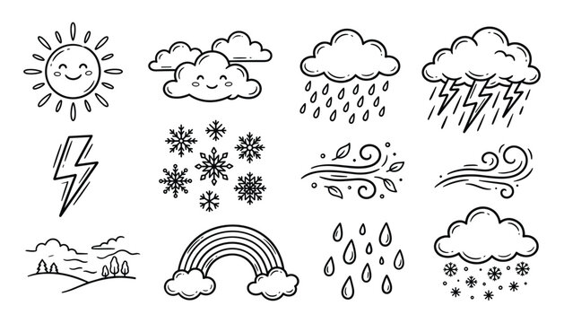 Weather Doodle Collection with Sun, Clouds, Rain, Lightning, Snowflakes, Wind, Rainbow, Raindrops, and Snowstorm Symbols for Seasonal Designs
