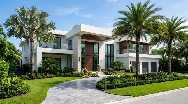 Elegant White Modern Villa with Palm Trees and Tropical Landscaping