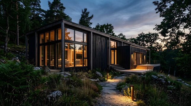 Dark Timber Modern House Glowing at Dusk Nestled in Forest Landscape