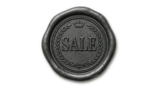 Black wax seal with the word sale embossed in the center, isolated on white background