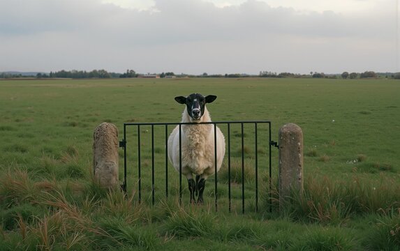 Conceptual image of a sheep standing behind a small gate it could easily walk around, symbolizing imagined obstacles, limiting beliefs, mental barriers and self-imposed restrictions.