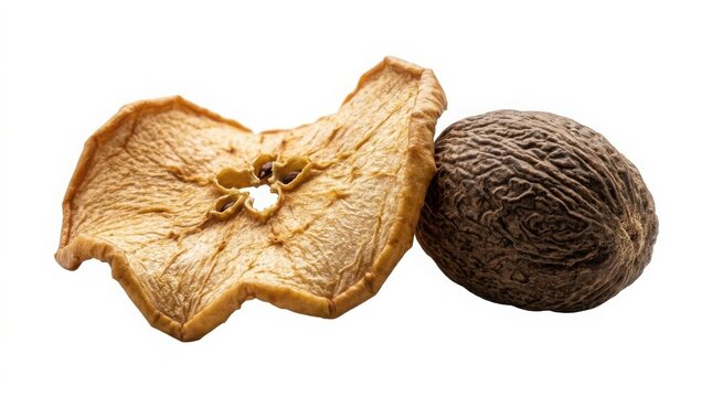 Dried apple slice and a whole nutmeg seed isolated on white background