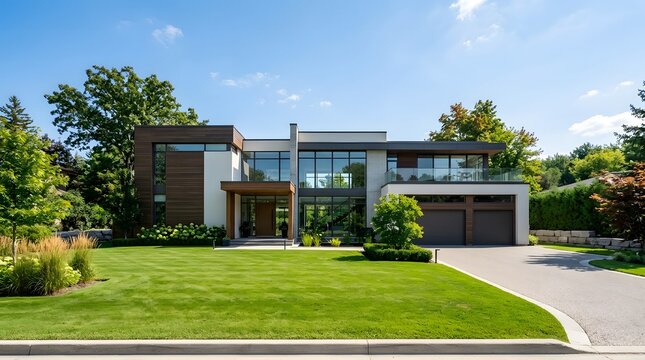 Modern Two-Story House with Dark Wood Accents and Manicured Front Lawn