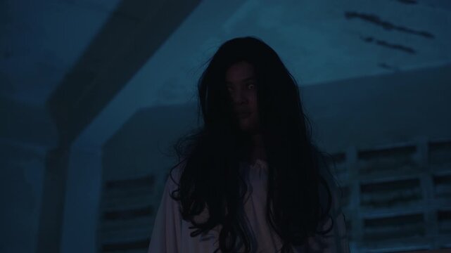 Scary halloween ghost with black hair and white makeup appears psychopath, wearing costumes for day of dead night horror scene, haunting old building with chilling stare under dim blue light.