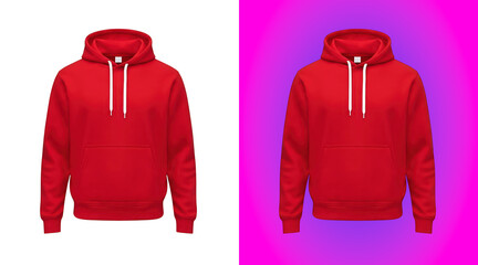 Bright red cotton hoodie sweatshirt with long sleeves and white drawstring hood isolated on a white background, for apparel store catalogs © SP Creative Lens