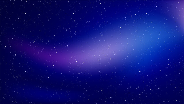 Starry night sky with nebula and glowing stars on dark blue background. Cosmic galaxy space backdrop with purple and blue gradient. Universe astronomy background for design, banner and wallpaper