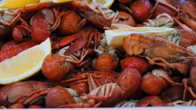 Large platter piled high with boiled crayfish served with fresh lemon wedges. Traditional seafood feast with flavorful shellfish, perfect for restaurant dining and festive gatherings. High quality 4k