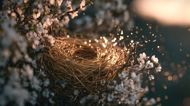 Flowering bush sheltering golden-thread bird nest with glowing twigs, high-key soft light, sparkling particles, peaceful twilight mood