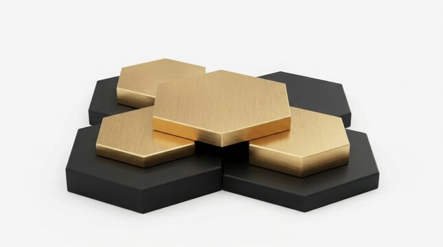 A 3d render of a geometric display stand featuring stacked gold and black hexagonal platforms isolated on white background