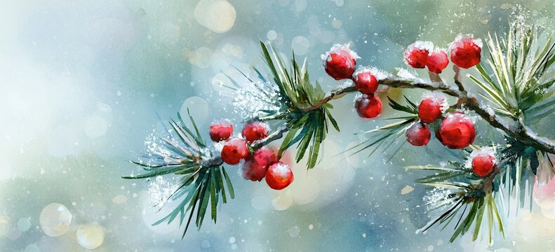 Red berries and frosted needles on pine branch, watercolor style, bokeh effect background, crisp minimal left copy space