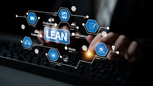This image captures a pair of hands typing on a keyboard, surrounded by icons representing lean management concepts, focusing on efficiency and waste reduction in business. Tessel