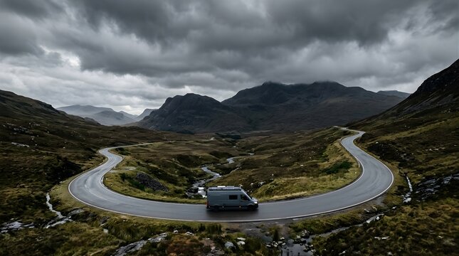 Camper van driving on a winding mountain road in the Scottish Highlands