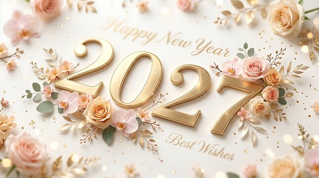Elegant floral arrangement with golden numbers two thousand twenty seven for new year