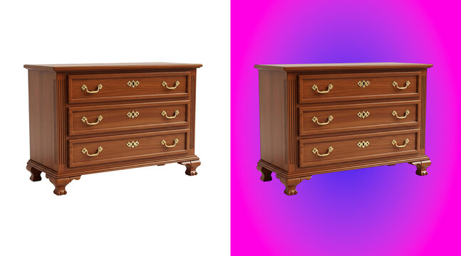 Classic wooden chest of drawers with three storage compartments and ornate gold handles, isolated on a white background, for home furniture