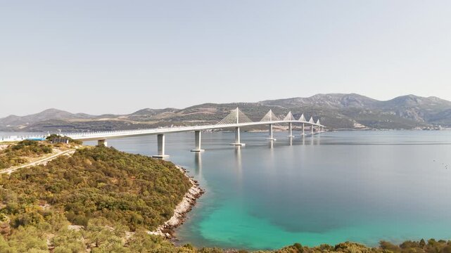 Aerial view of the impressive Pelje&scaron;ac Bridge, connecting mainland Croatia with the Pelje&scaron;ac Peninsula across the Adriatic Sea.