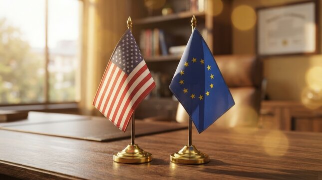 Professional stock photo of American and EU flags on gold stands against warm wooden desk backdrop ideal for corporate presentations, web banners, and international business marketing materials.