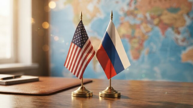 High-quality stock photo of US and Russian flags on a wooden desk with a world map backdrop ideal for international business presentations marketing materials.