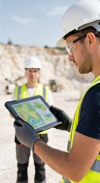 Vertical photo of a survey engineer holding a tablet with a topographic map. Mining industry professional in white hardhat and yellow vest analyzing quarry site data