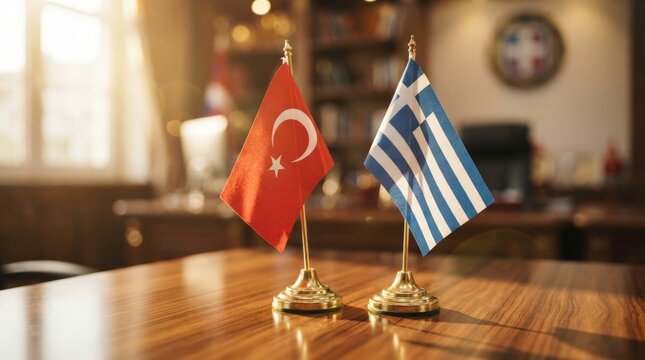 Professional stock photo of Turkey and Greece national flags on gold stands for corporate presentations, diplomatic events, or global business marketing.