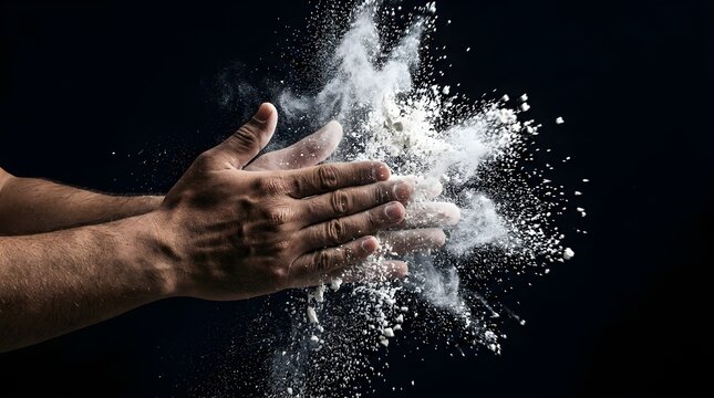 Hands clapping with white powder explosion against a dark background