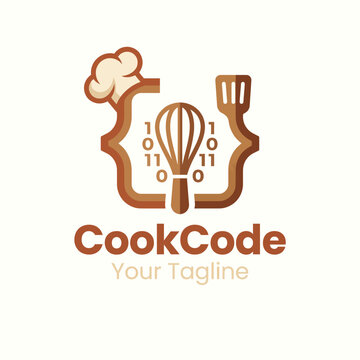 This clever logo merges culinary elements with technology, featuring a whisk combined with binary code, symbolizing the intersection of cooking and technology.