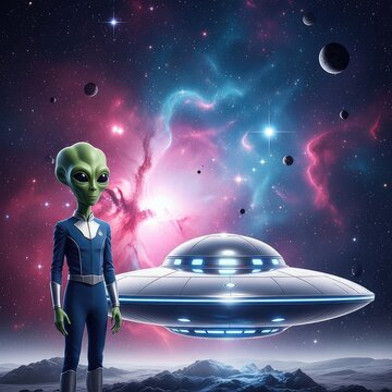 A friendly extraterrestrial stands near a polished silver flying saucer amidst a vibrant nebula with celestial bodies and bright stars, flying saucer, light, outer space