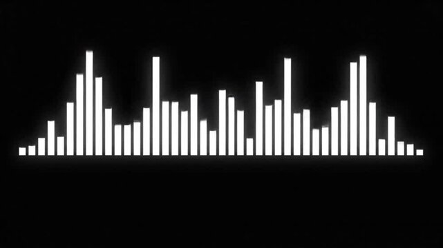 Glowing white audio equalizer spectrum bar moving on black background.