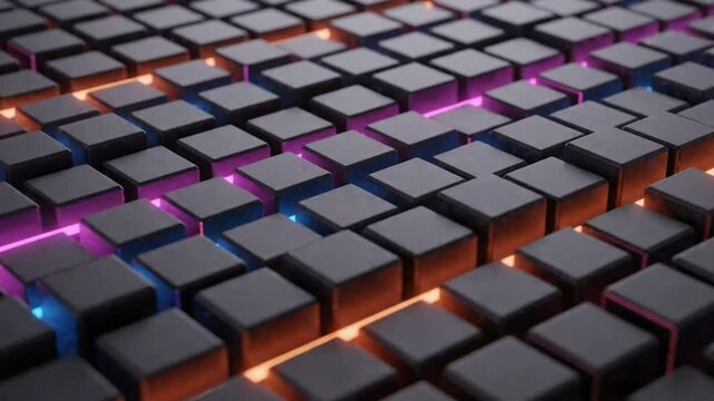 Abstract 3D motion background, with glowing neon, cubes, digital data, flow and futuristic, technology grid animation