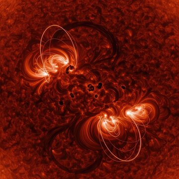 A highly detailed solar telescope capture showing the fiery surface of the sun with active sunspots and bright plasma loops against space, fusion, celestial, glow